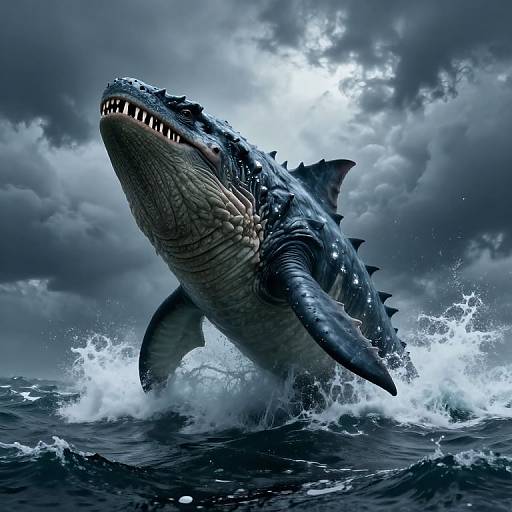 Photorealistic CGI of a massive, finned, shark-like monster with sharp teeth and textured skin, emerging from turbulent, dark ocean waves under a