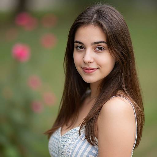 Photograph of a young woman with long dark brown hair, light brown eyes, and fair skin, wearing a white and blue checkered lace top,
