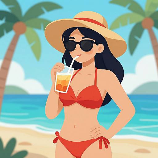 Digital cartoon of a tan-skinned woman with black hair, wearing a red bikini, straw hat, and sunglasses, sipping iced tea on a