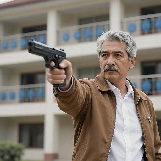 Serious Man Pointing Handgun Outdoors