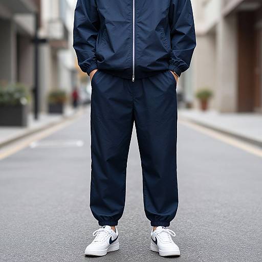 Photograph of a person standing on a street, wearing navy blue tracksuit with white sneakers, hands in pockets, blurred urban background.