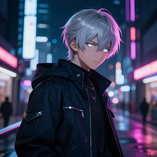 Digital anime-style artwork of a silver-haired, glowing-eyed young man in a black jacket, standing in a neon-lit, rainy urban night scene.