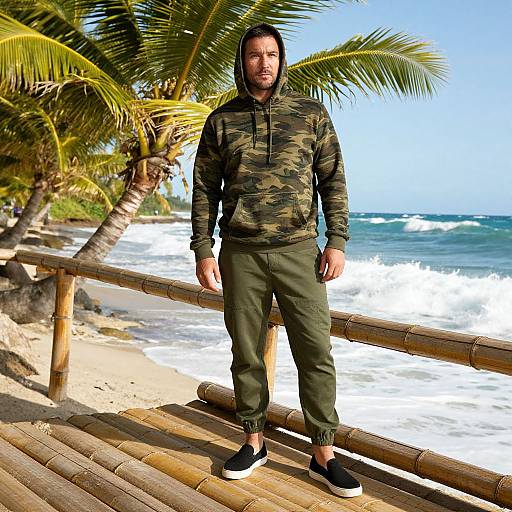 Photograph of a bearded man in camouflage hoodie, olive pants, and black sneakers, standing on a bamboo beachwalk with palm trees and ocean waves