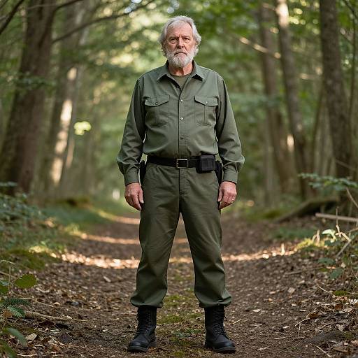 Photograph of an older white man with gray beard, wearing olive green uniform, black boots, and belt, standing on forest path.