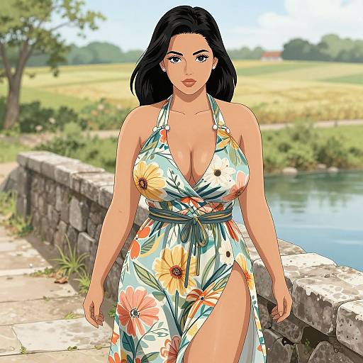 Digital illustration of a curvy woman with black hair, large breasts, wearing a floral halter dress with a high slit, standing by a stone bridge