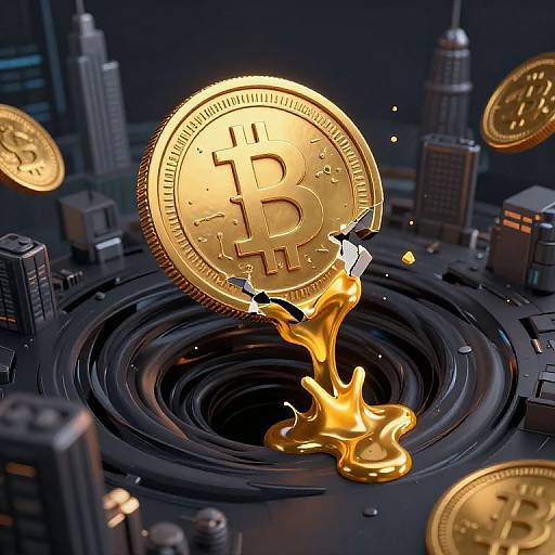 CGI image: A golden Bitcoin coin shattering, with molten gold pouring into a dark, cityscape whirlpool background.