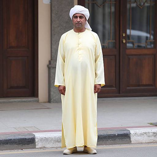 Photograph of a Middle Eastern man in a yellow thobe and white headscarf, standing on a city sidewalk in front of dark wooden doors.