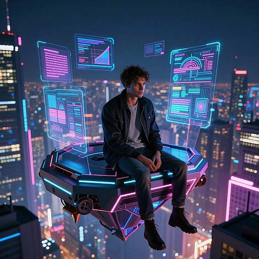 Neon-lit futuristic cityscape photograph of a curly-haired man in a black jacket and jeans, sitting on a glowing floating hover platform with holographic