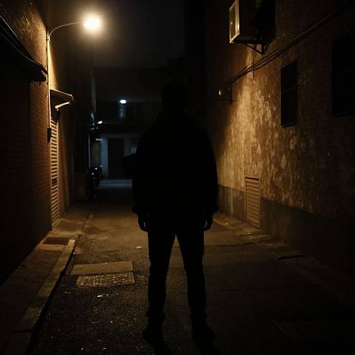 Silhouetted person standing in a dark, narrow alley at night, illuminated by a single street lamp, with textured brick walls on either side.
