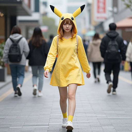 Photograph of an Asian woman with light brown hair in a Pikachu hoodie, yellow dress, and yellow socks, walking on a city street with blurred pedestrians
