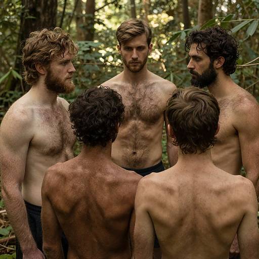 Photograph of five shirtless, bearded men with varying chest hair, standing in a dense forest, wearing black pants, looking at each other intensely