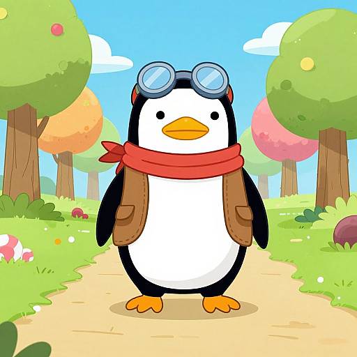 Cartoon penguin with goggles, red scarf, brown backpack standing on path in colorful, whimsical forest with trees and mushrooms.