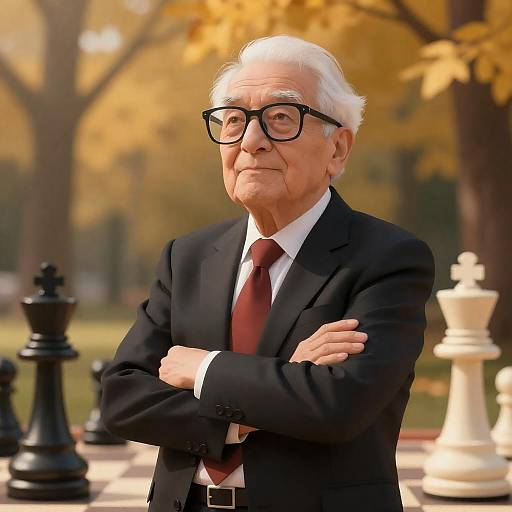 Elderly Man in Suit with Chess Pieces