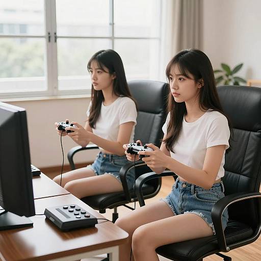 Two Young Women Playing Video Games at Home