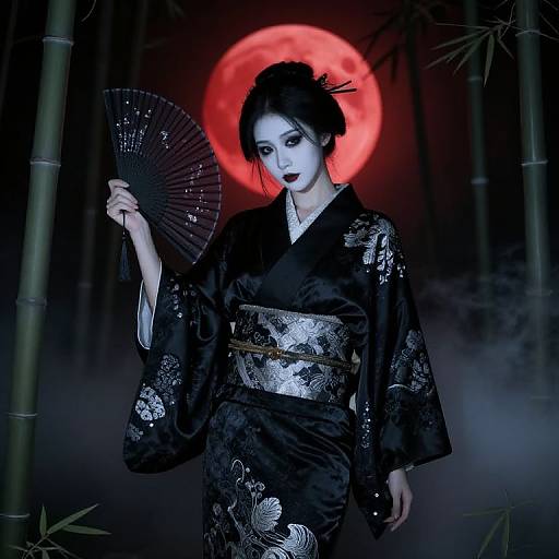 Photograph of a pale-skinned woman in a black floral kimono, holding a fan, against a red moon and bamboo background.