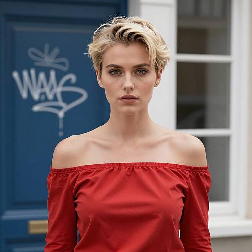 Blonde Woman in Red Off-Shoulder Top