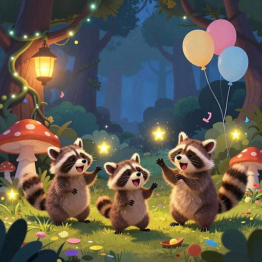Playful Raccoons in Magical Forest