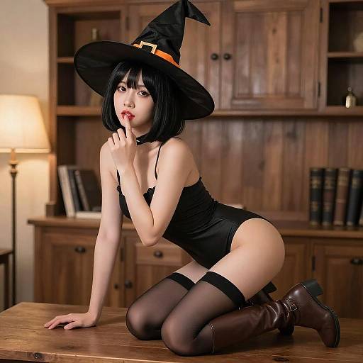 Asian Woman in Witch Hat Pose