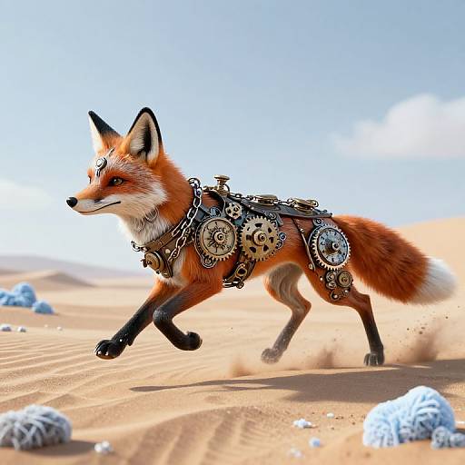 Digital artwork of a red fox with intricate, metallic armor running through a bright, sandy desert with scattered blue rocks.