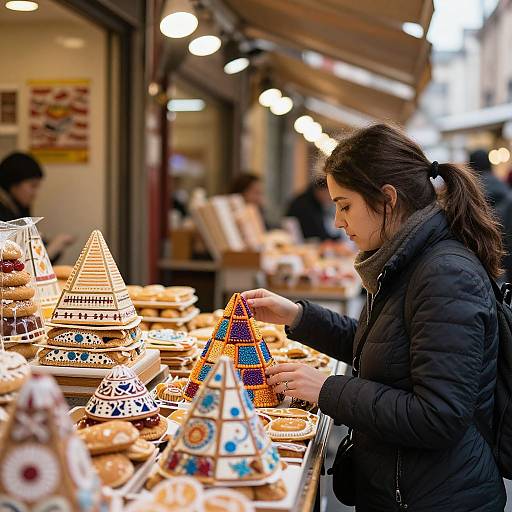 Photograph of a young woman in a black jacket, inspecting colorful, patterned pastry towers at a bustling outdoor market stall.