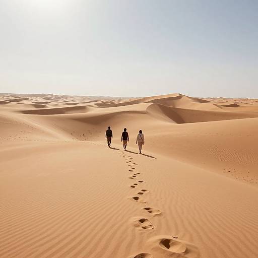 Photograph of two silhouetted people walking in a vast, sunlit desert with golden sand dunes, leaving a trail of footprints.