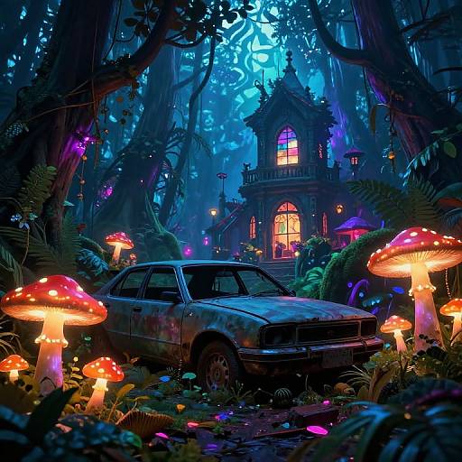 A glowing, enchanted forest scene with a vintage car surrounded by vibrant, luminescent mushrooms and a mystical, glowing house in the background. Digital art