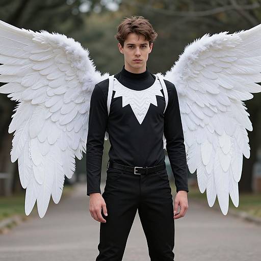 Photograph of a young man with white angel wings, brown hair, wearing a black long-sleeve shirt and pants, standing on a pathway.