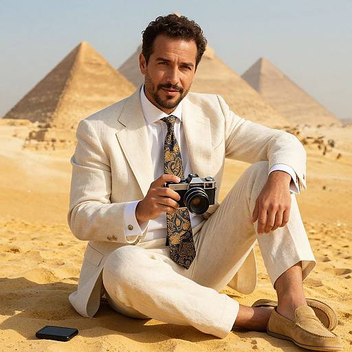 Photograph of a bearded man in a white suit and patterned tie, holding a camera, sitting in a desert with pyramids.