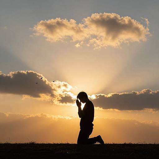 Silhouetted couple kneeling, holding hands, against a vibrant sunset sky with golden clouds and sun rays. Birds fly in the distance. Photograph.