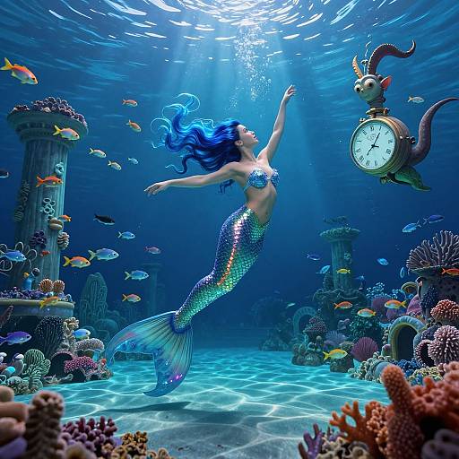 Digital art of a blue-haired mermaid with a shimmering tail, swimming underwater beside a floating clock, surrounded by colorful coral, fish, and ancient