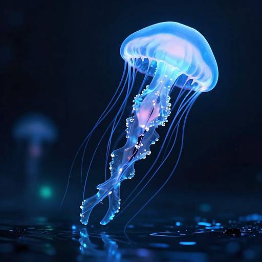 Photograph of a glowing blue jellyfish with translucent, flowing tentacles against a dark blue background, reflecting on the water's surface.