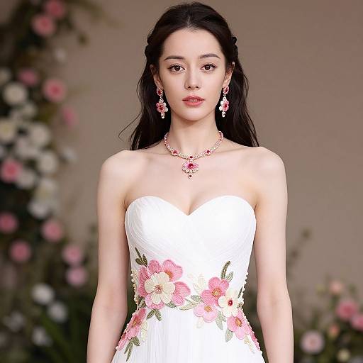 Photograph of an East Asian woman with long black hair, wearing a white strapless floral dress, pink flower necklace, and earrings, standing in front