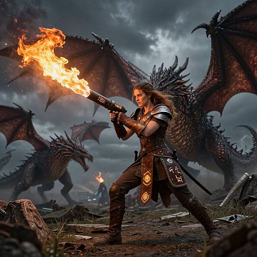Fantasy warrior with long brown hair and armor ignites flaming sword, facing two dark, menacing dragons under a stormy sky. Digital artwork.