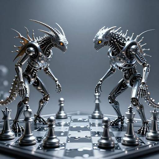 Digital artwork of two metallic, reptilian humanoid chess pieces with glowing yellow eyes, poised for battle on a glowing chessboard.