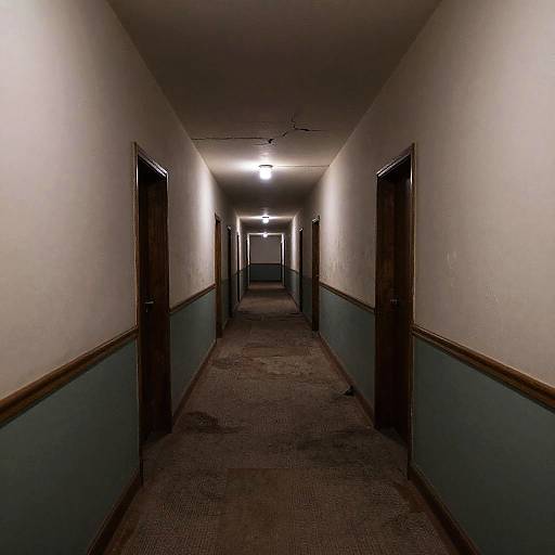 Photograph of a dimly lit, narrow hallway with white and teal painted walls, brown wooden doors, worn carpet, and a single overhead light at