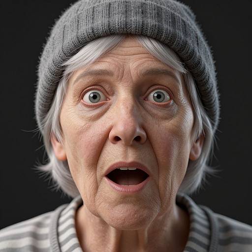Close-up photograph of an elderly woman with shocked expression, wearing a gray knit beanie and striped shirt, against a black background.
