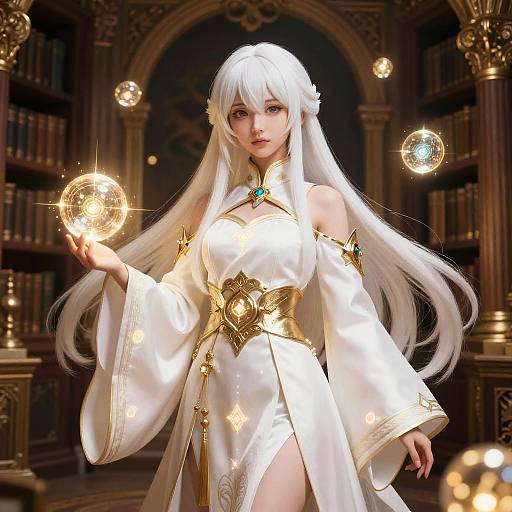 Digital art of a white-haired anime woman in an ornate white and gold dress, casting a glowing orb in a library.