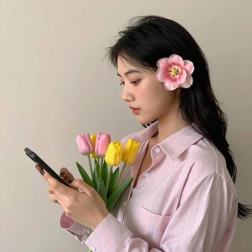 Stylish Woman with Tulips in Profile