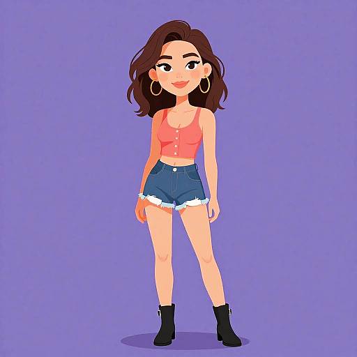 Cartoon-style illustration of a smiling young woman with wavy brown hair, wearing a pink crop top, blue denim shorts, black ankle boots, and