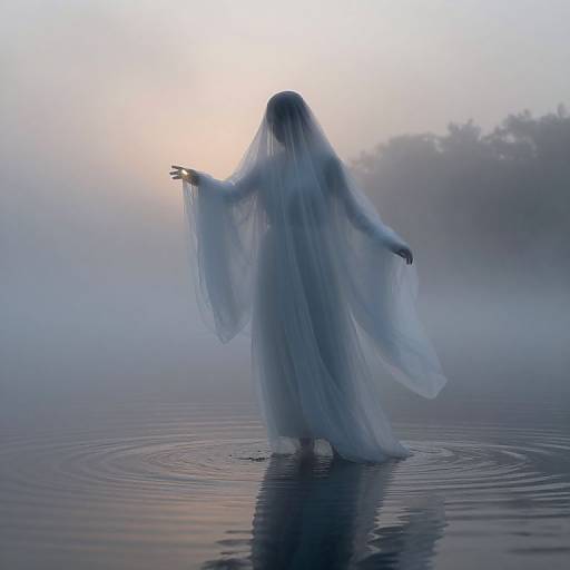 Mysterious, ethereal figure in flowing white cloak, standing in misty lake at dawn, arms outstretched, sunlight behind, ripples around