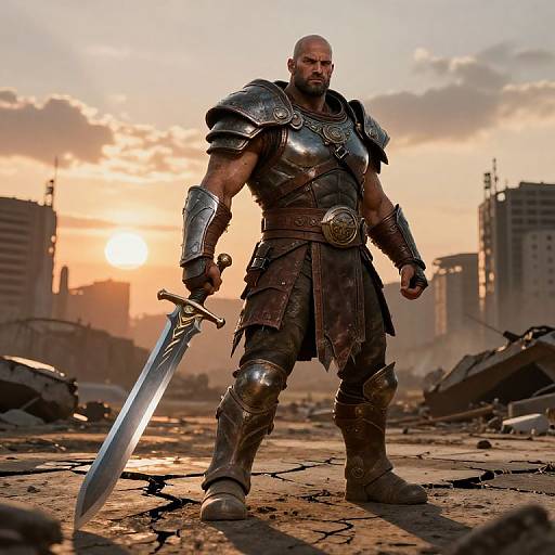 Photorealistic CGI of a muscular, bald, bearded warrior in dark metallic armor holding a large sword, standing in a ruined, sunlit urban
