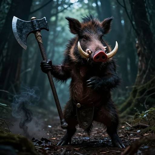 Digital artwork of a fierce, anthropomorphic wild boar with sharp tusks and a large axe, standing in a dark, misty forest.