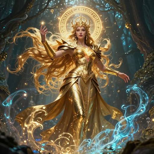 Digital artwork of a regal, golden-armored queen with flowing hair, crowned, surrounded by glowing halo, blue ethereal flames, and mystical forest