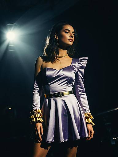Woman in Lilac Satin Mini Dress