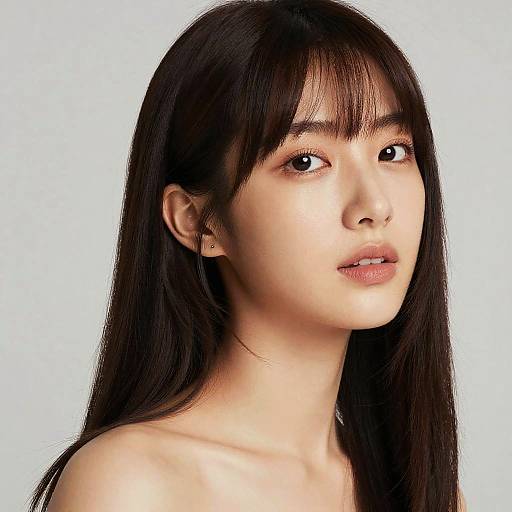 Photograph of a young Asian woman with long, straight black hair, fair skin, and brown eyes, looking slightly to the right, against a plain