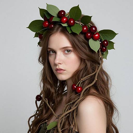 Photograph of a fair-skinned, brown-haired woman with a crown of red cherries and green leaves, wearing a leafy, vine-like top