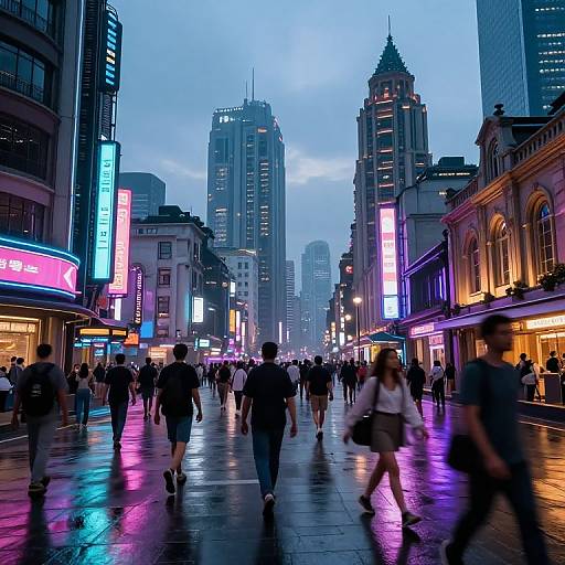 Photograph of a bustling, neon-lit urban street at dusk, with blurred pedestrians walking on a wet, reflective sidewalk. Tall, illuminated skyscrap