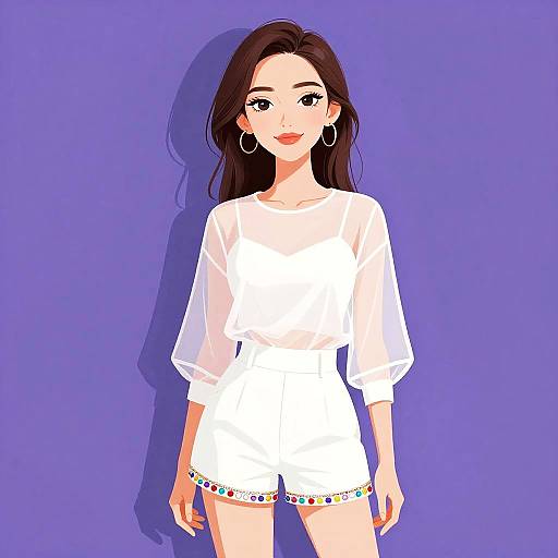 Chic Woman in Sheer White Blouse and Embellished Shorts