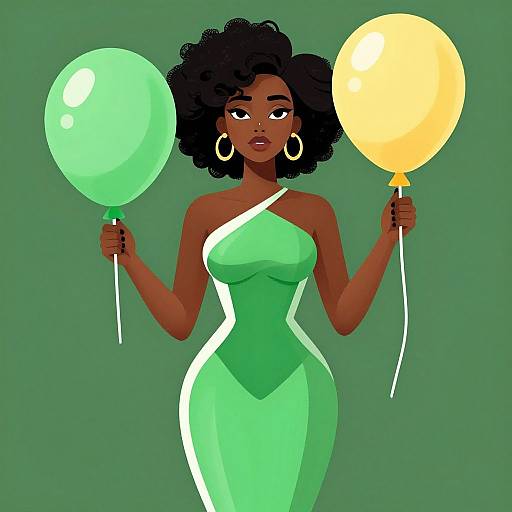 Digital illustration of a dark-skinned woman with curly black hair, wearing a green one-shoulder dress, holding green and yellow balloons. She wears