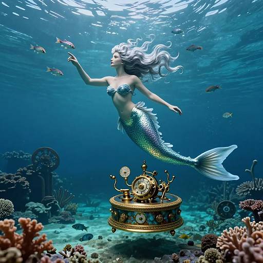Photorealistic CGI of a silver-scaled mermaid with flowing white hair, swimming underwater, reaching for fish near a golden, ornate throne on
